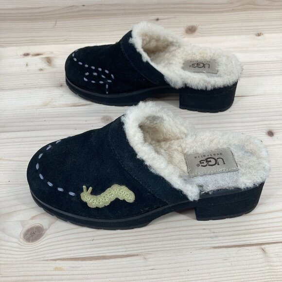 Ugg Little Girls Suede Platform Clogs Size 2 Black Chunky Slip On Shearling Y2K - Picture 10 of 16